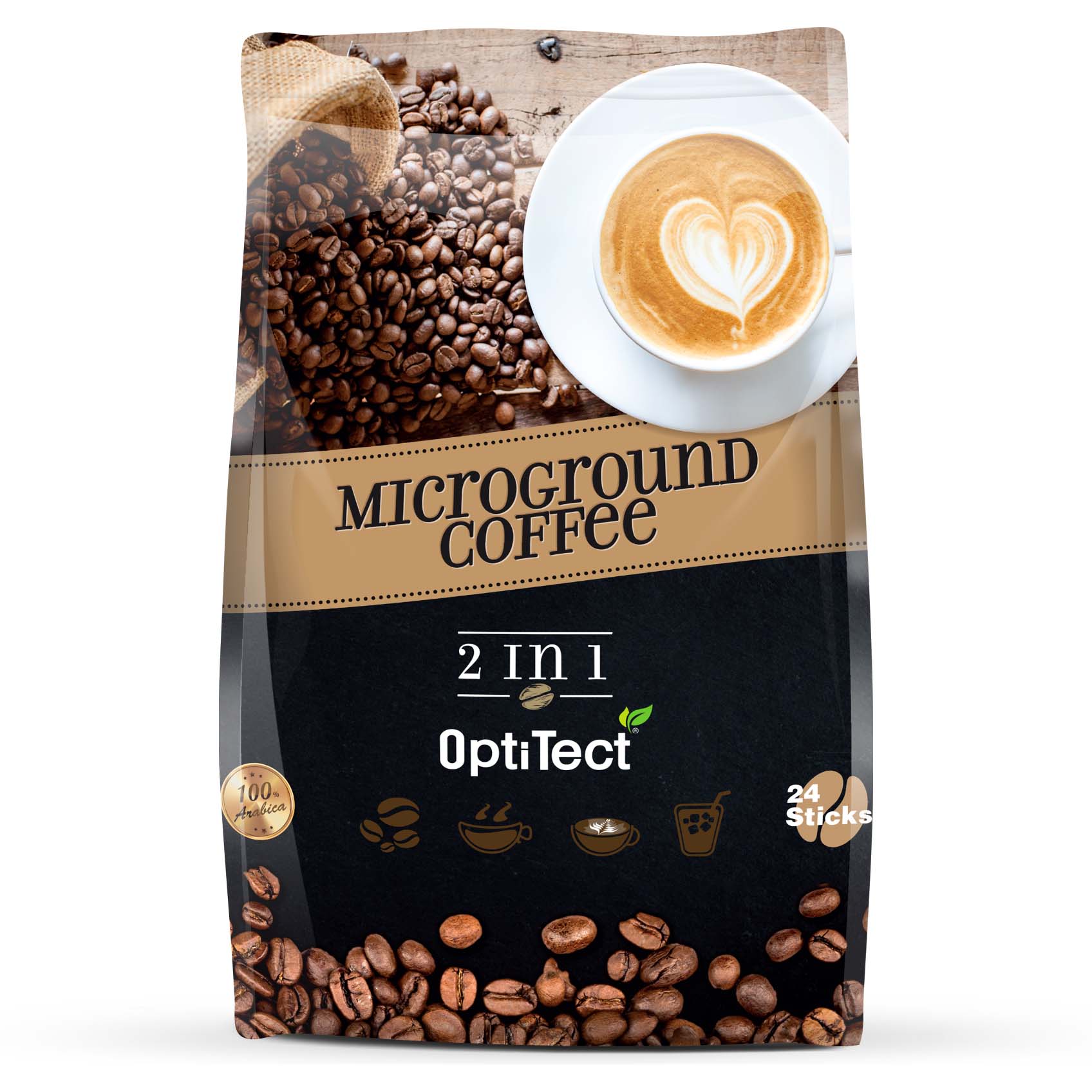 Optitect Arabica Microground Coffee 2 in 1, 24 Stick Packs