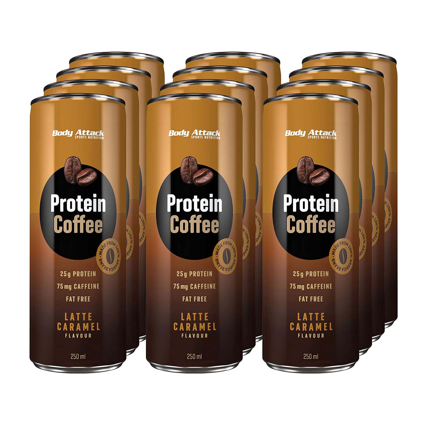 Body Attack Protein Coffee, Latte Caramel, Box of 12 Pieces