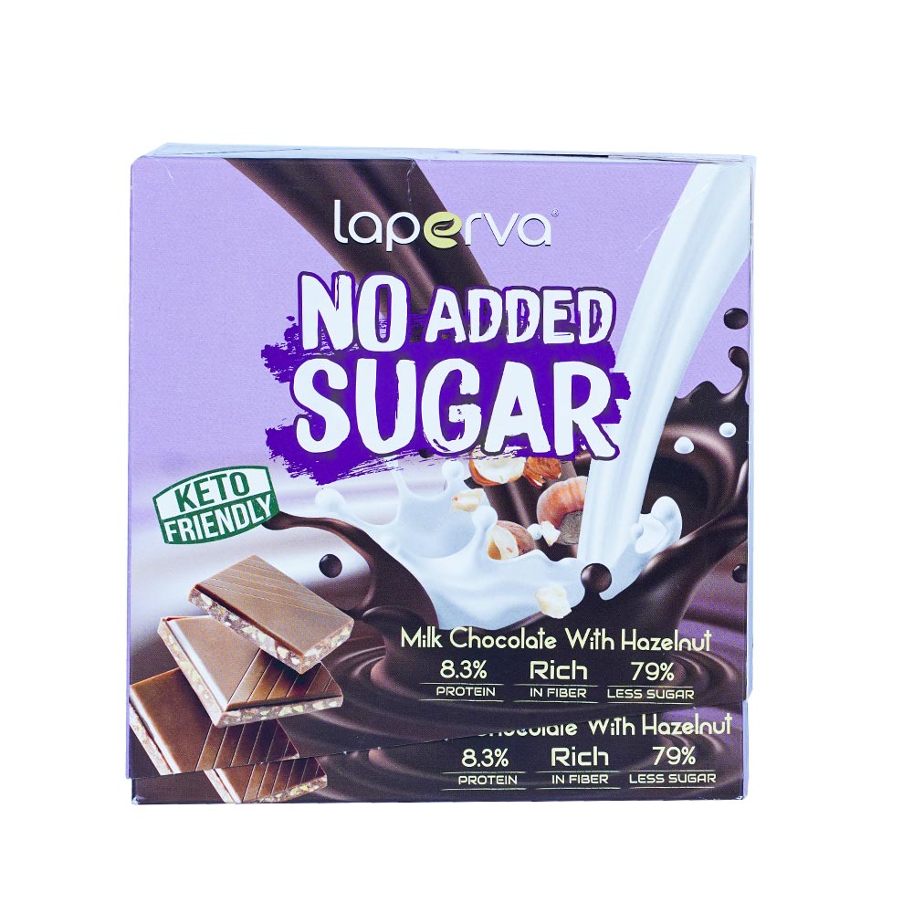 Laperva No Added Sugar Chocolate Bar, Milk Chocolate With Hazelnut, Box of 12 Bars