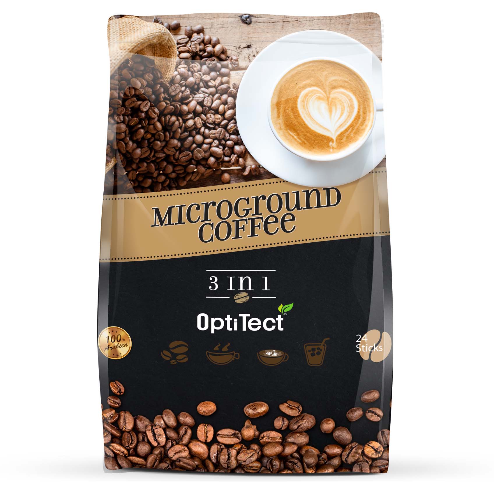 Optitect Arabica Microground Coffee 3 in 1, 24 Stick Packs