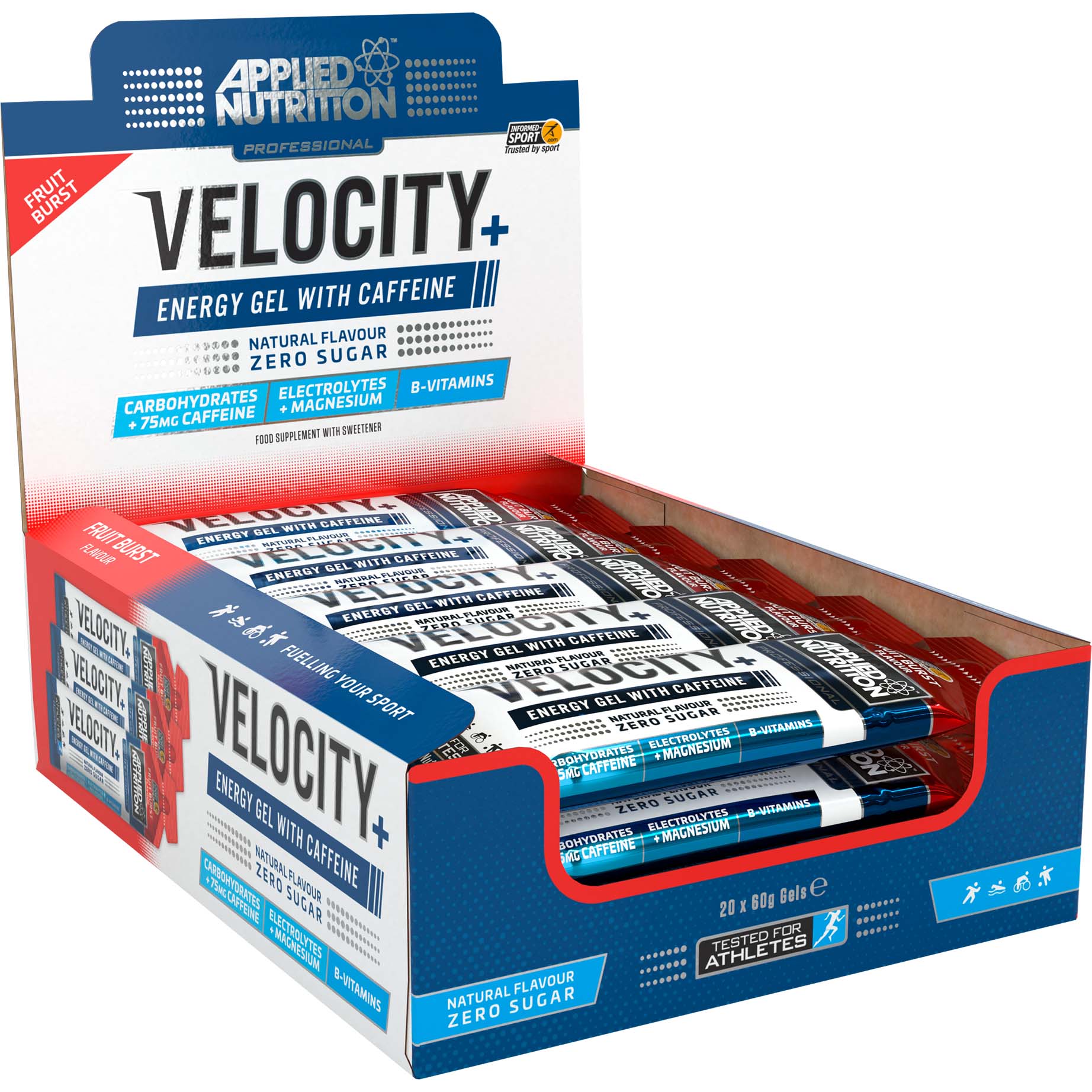 Applied Nutrition Velocity Isotonic Energy Gel with Caffeine Box of 20 Pieces Fruit Burst