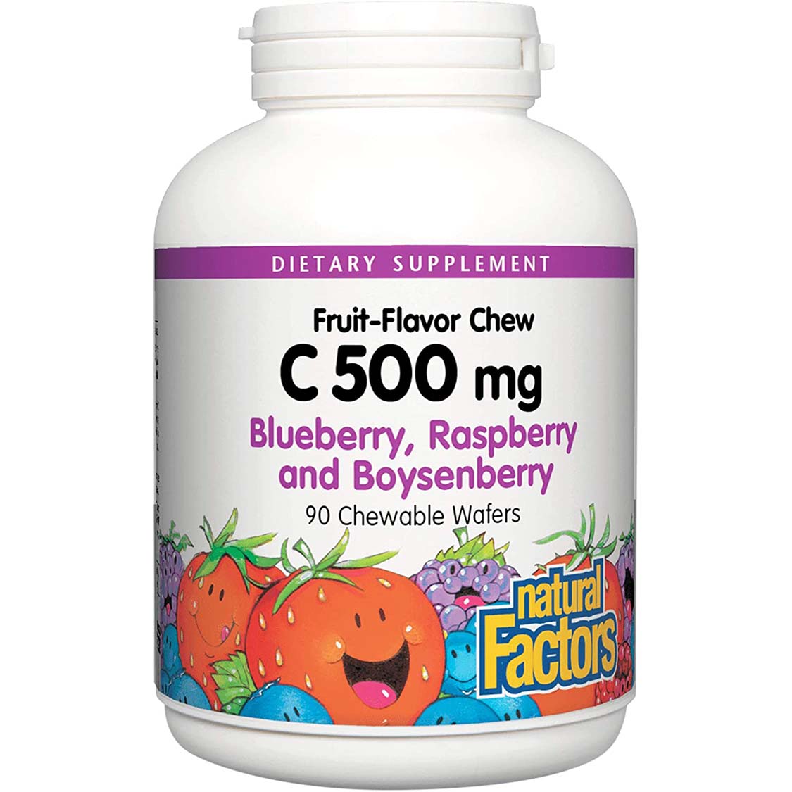 Natural Factors Vitamin C 500 mg Chewable Wafer, Blueberry Raspberry Boysenberry, 90 Chewable Wafer