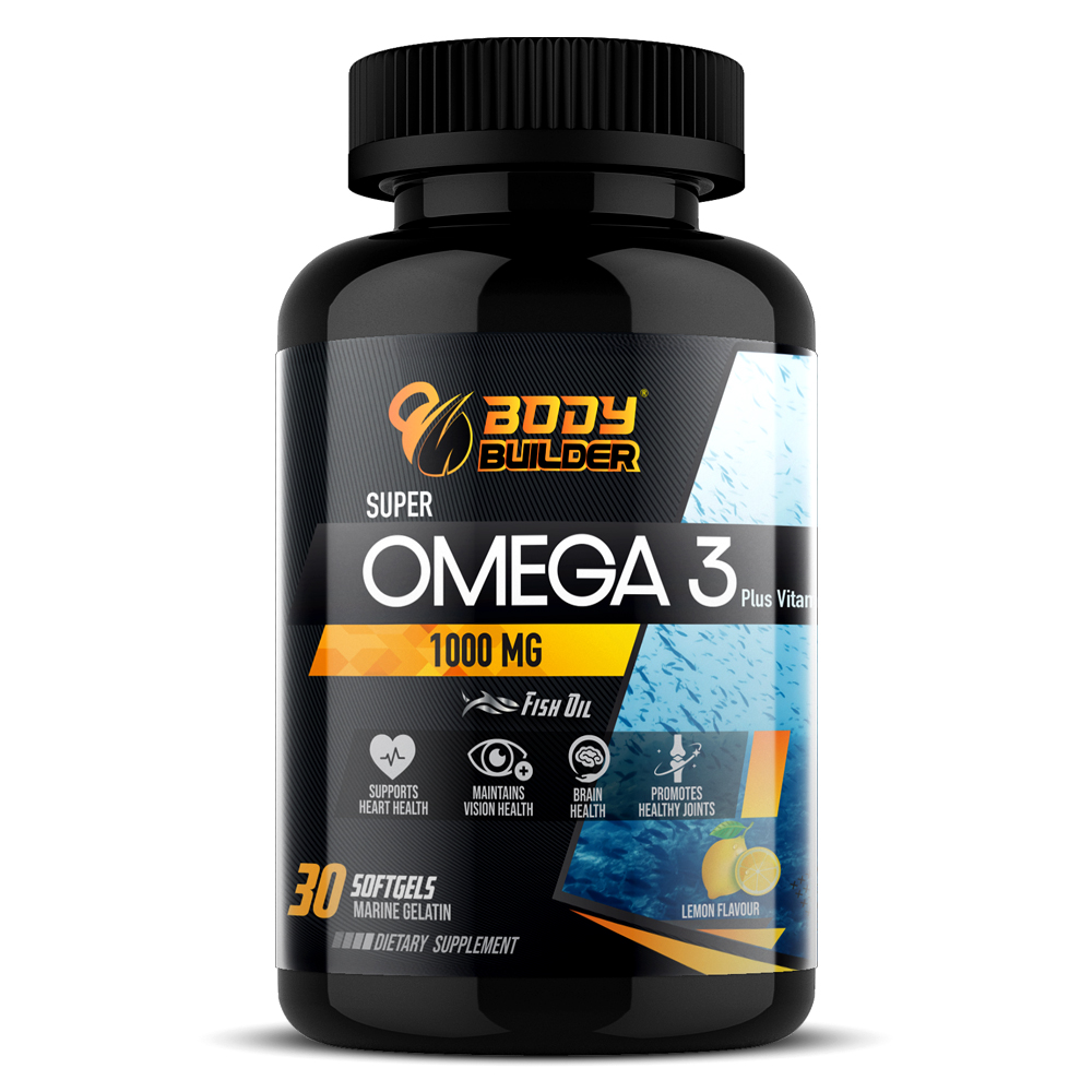 Body Builder Super Omega 3 +Vitamin D, 30 Softgels, 1000 mg, Supports Brain Health