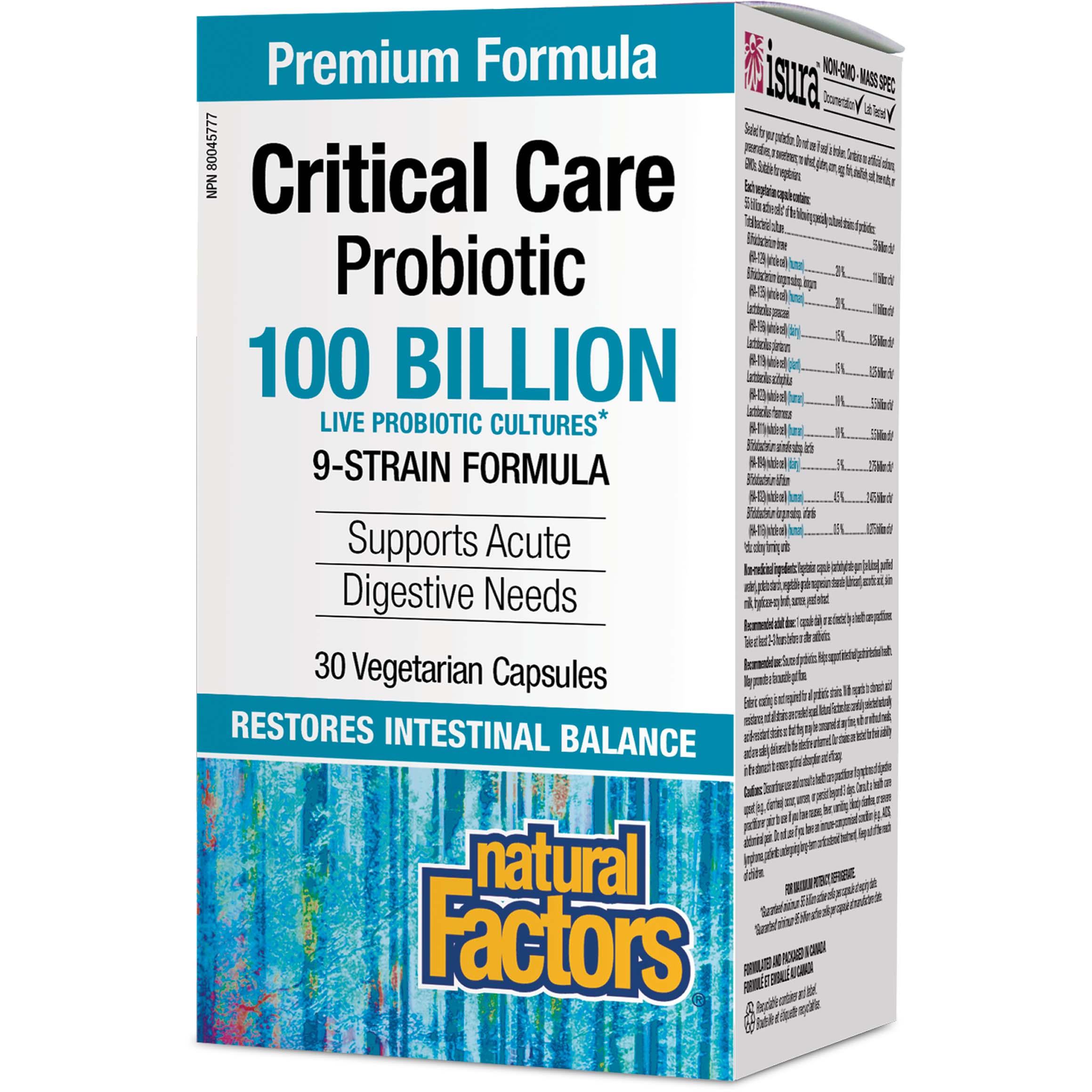 Natural Factors Critical Care Probiotic 30 Veggie Capsules 100 Billion Active Cells